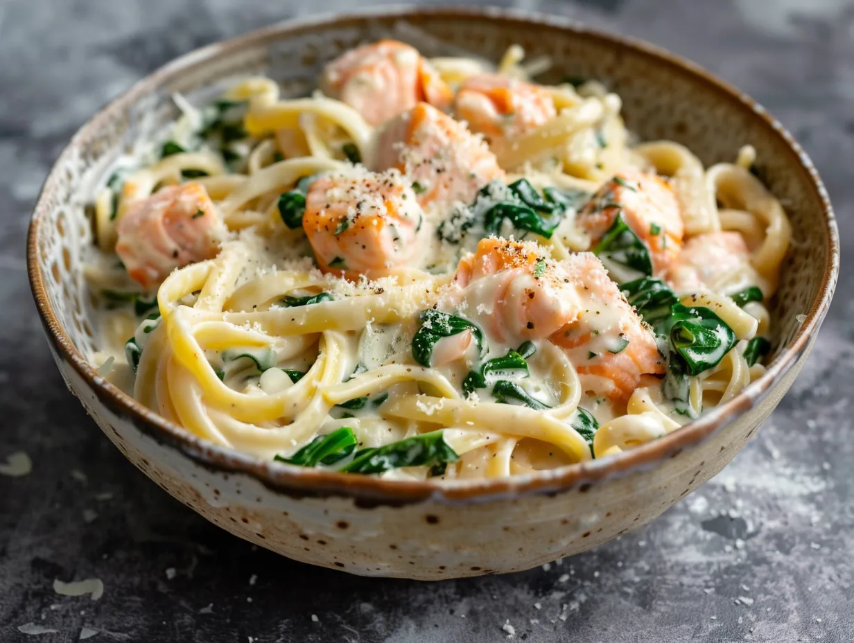 En närbild på krämig laxpasta med grädde och spenat där bitar av rosa lax blandas med färsk grön spenat och sås.