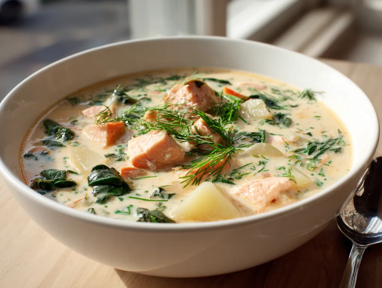 Laxsoppa med spenat serverad rykande varm i en skål med färsk dill, gräslök och mjäll lax i en krämig buljong.