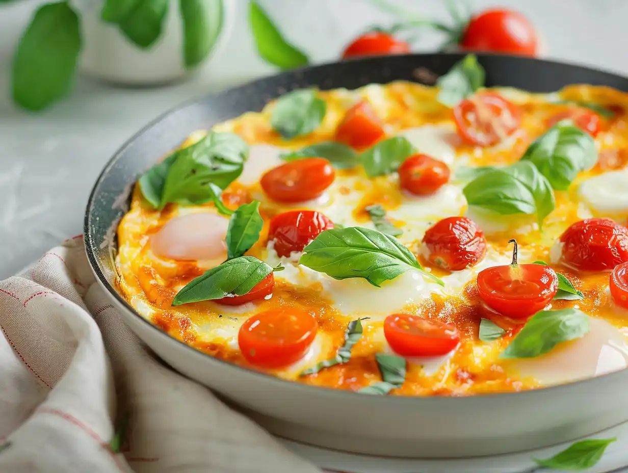 LCHF omelett med mozzarella och tomater, gyllene yta och krämig mitt i stekpanna.