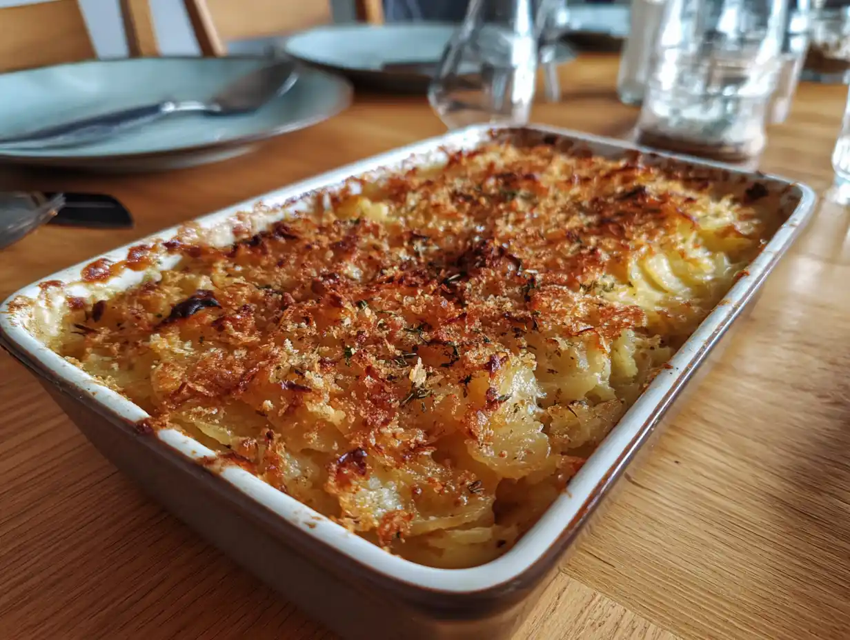 lyxig janssons frestelse i ugnsform med gyllene yta, krämig potatis och synliga ströbrödsmulor på toppen.