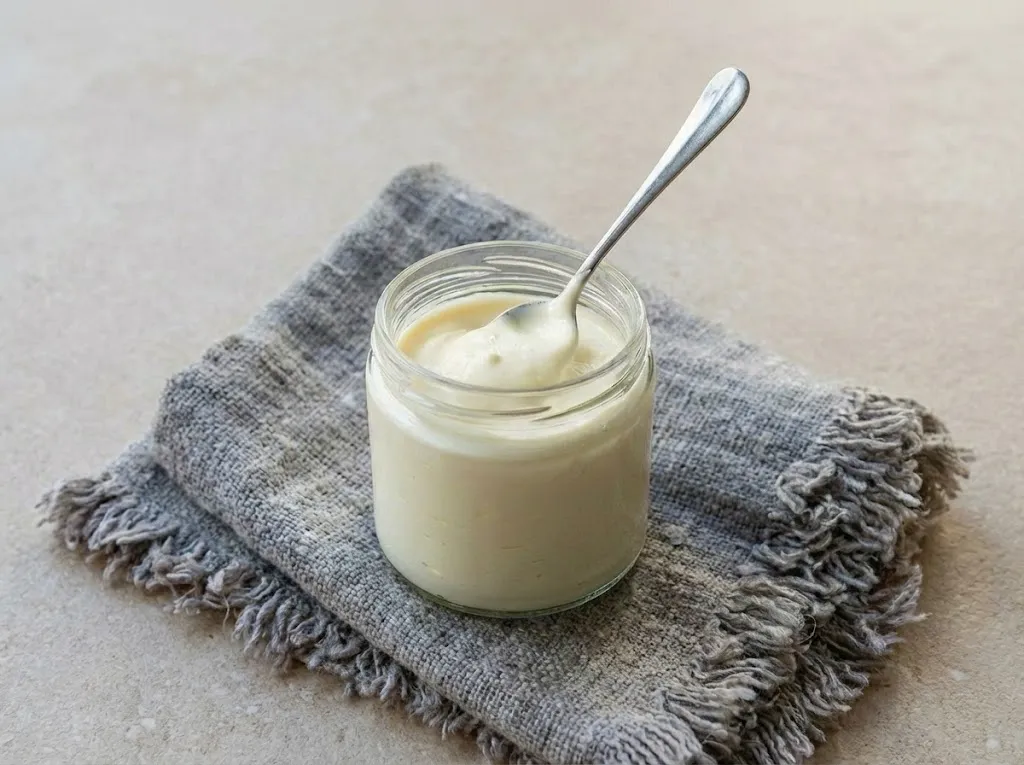 Ett klassiskt majonäs recept som visar en krämig vit majonäs i en glasburk med en klick på en sked.