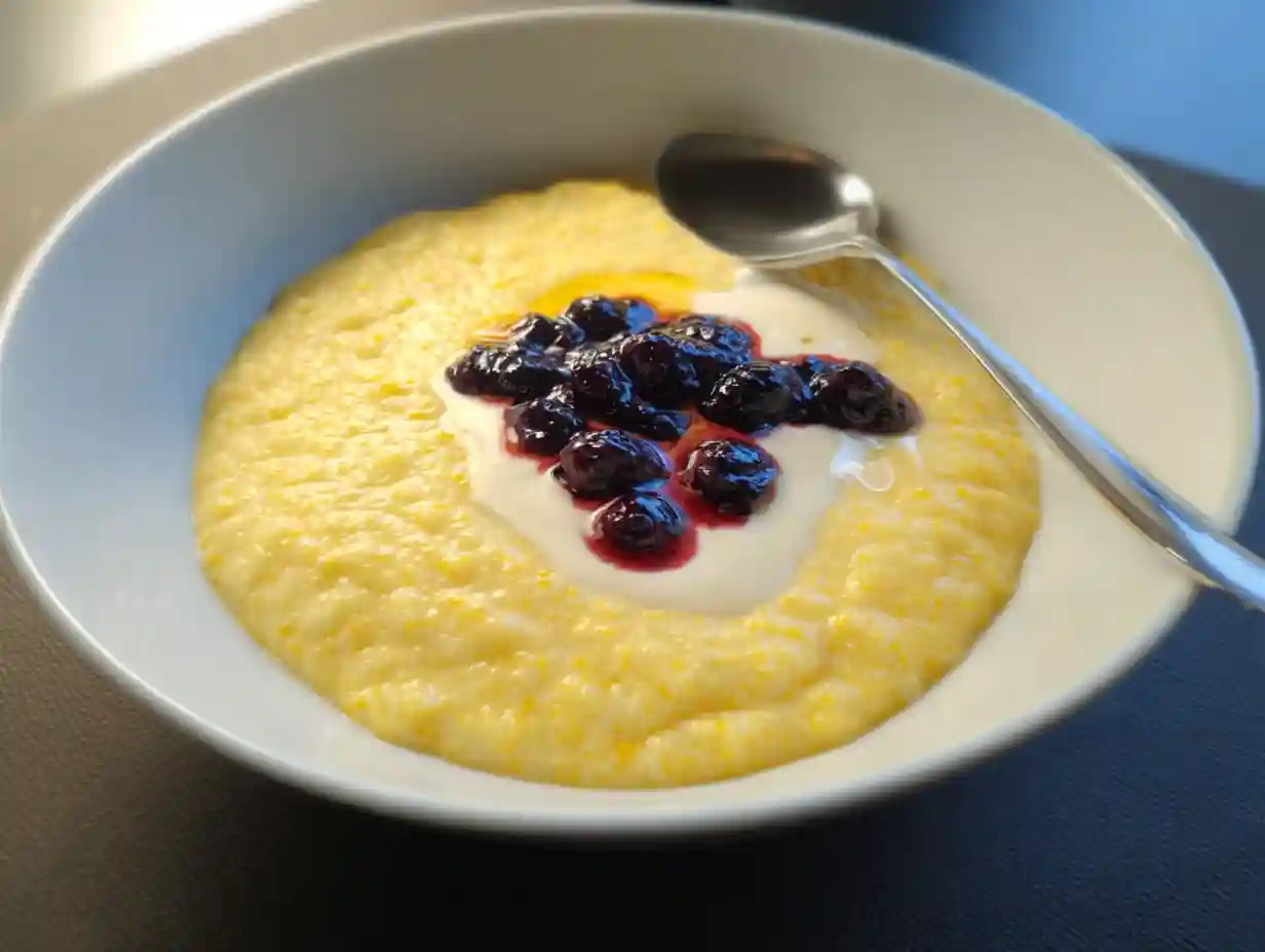 majsgröt serverad i skål med krämig konsistens och lite smör som smälter på toppen