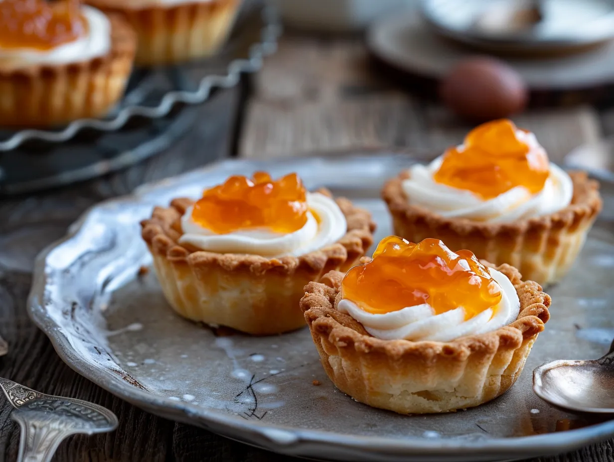 Nygräddade mandelmusslor serverade med vit vispgrädde och röd sylt i veckade former på ett fat.