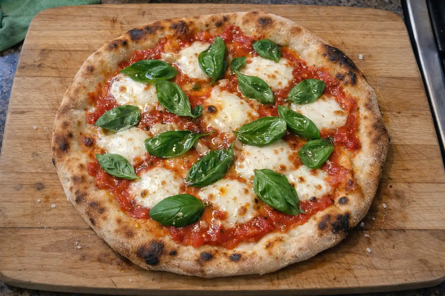 margherita pizza med tomatsås, smält mozzarella och färsk basilika på gyllene botten