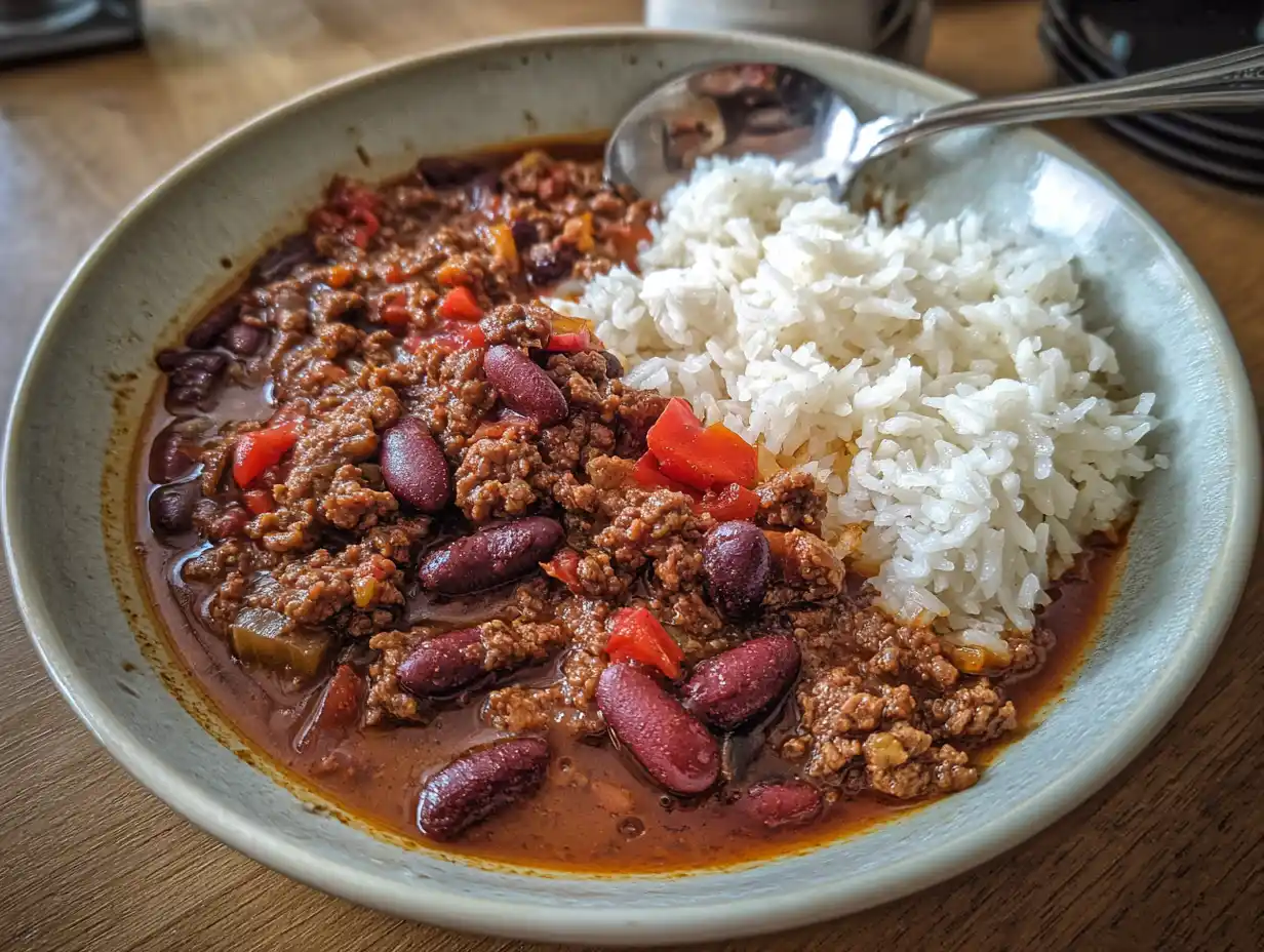 mexikansk chili con carne i skål med köttfärs, bönor, tomat och chili, toppad enkelt och serverad varm.