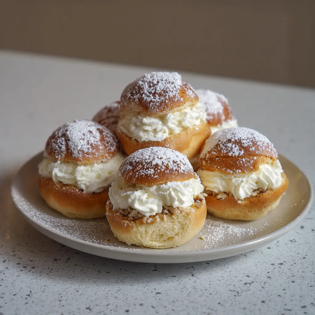 Minisemlor med fluffig grädde, mandelfyllning och pudrat florsocker på toppen