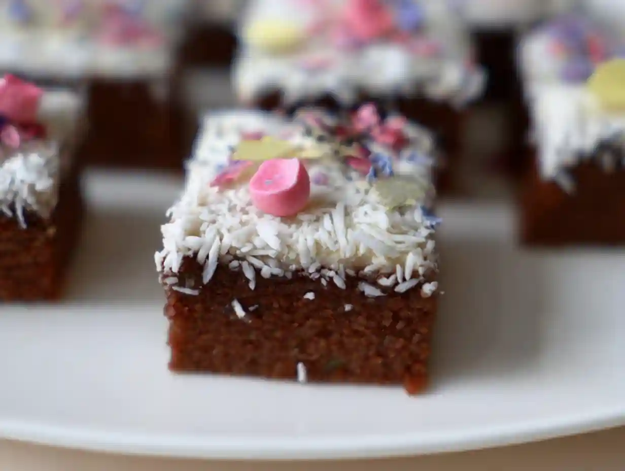 mjölkfria kakor i långpanna med blank chokladglasyr, riven kokos och lite flingsalt ovanpå.