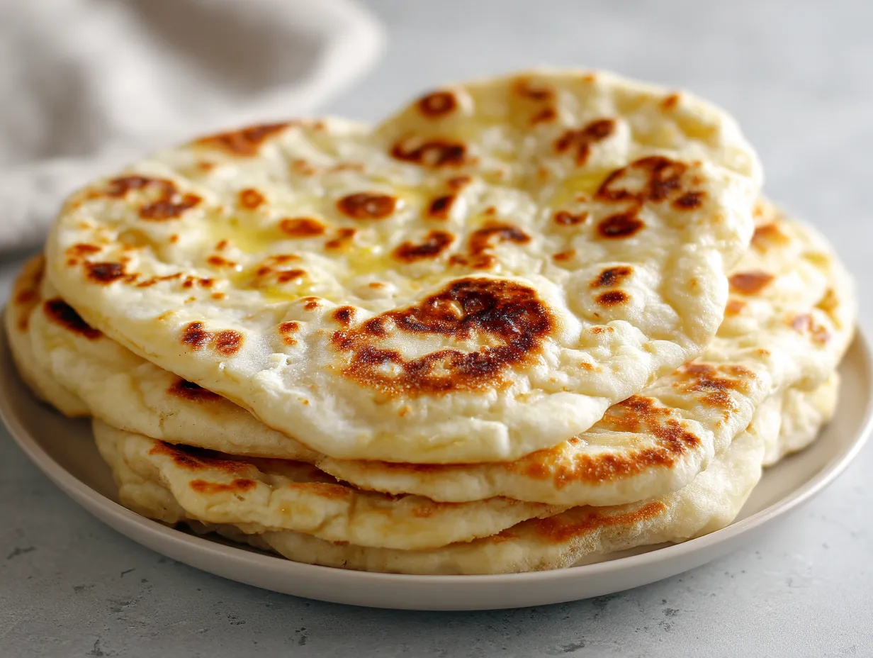 Naan bröd utan jäst stekt i panna – mjukt, gyllene bröd perfekt till gryta.