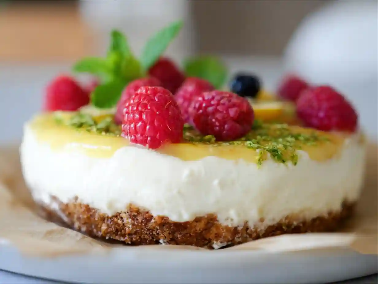 No bake citroncheesecake med hallon och myntasocker på toppen, krämig fyllning och gyllene kexbotten.
