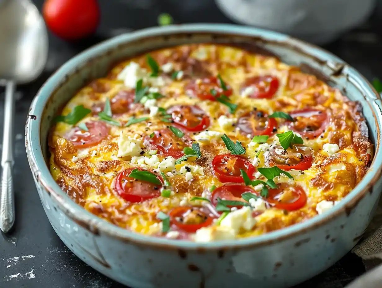 Omelett i airfryer med mjuk mitt, gyllene yta och enkel fyllning, serverad direkt ur formen.