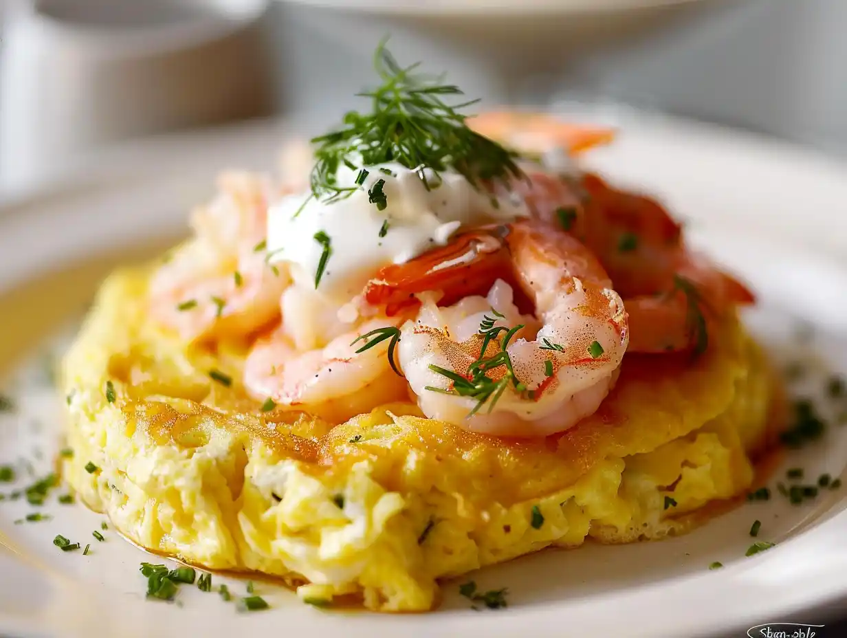 Omelett med räkor toppad med gräddfil och dill, krämig i mitten och serverad direkt ur pannan.