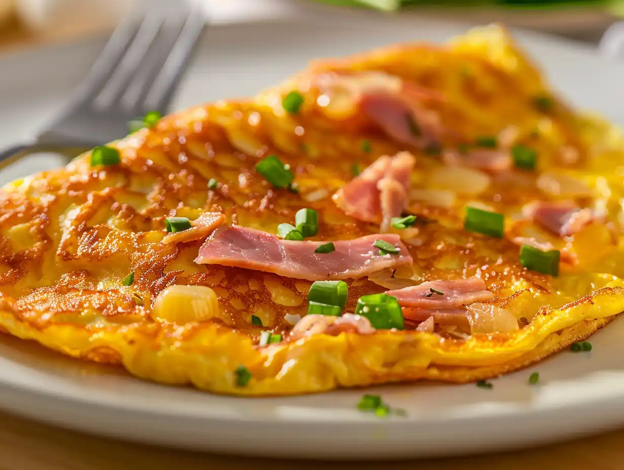 Omelett med skinka i stekpanna med krämig yta, strimlad skinka och ost, vikt och serverad varm.