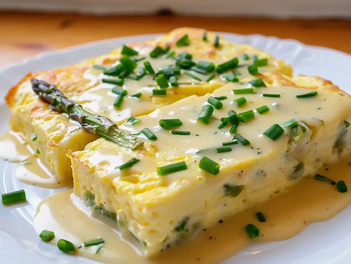 Omelett med sparrisstuvning vikt dubbel med krämig fyllning av sparris och persilja, serverad varm.