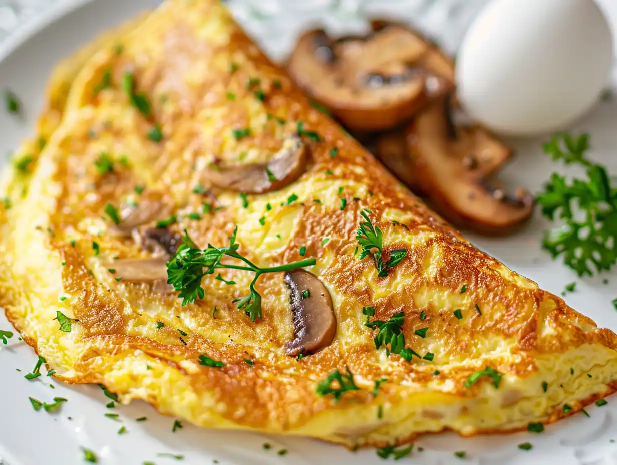 Omelett med svamp stekt i smör med krämig mitt och gyllene kanter, toppad med lite ost.
