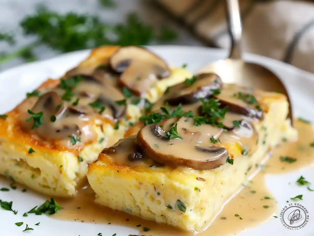 Omelett med svampstuvning i ugn med fluffig omelett och krämig svampstuvning som doftar smör.