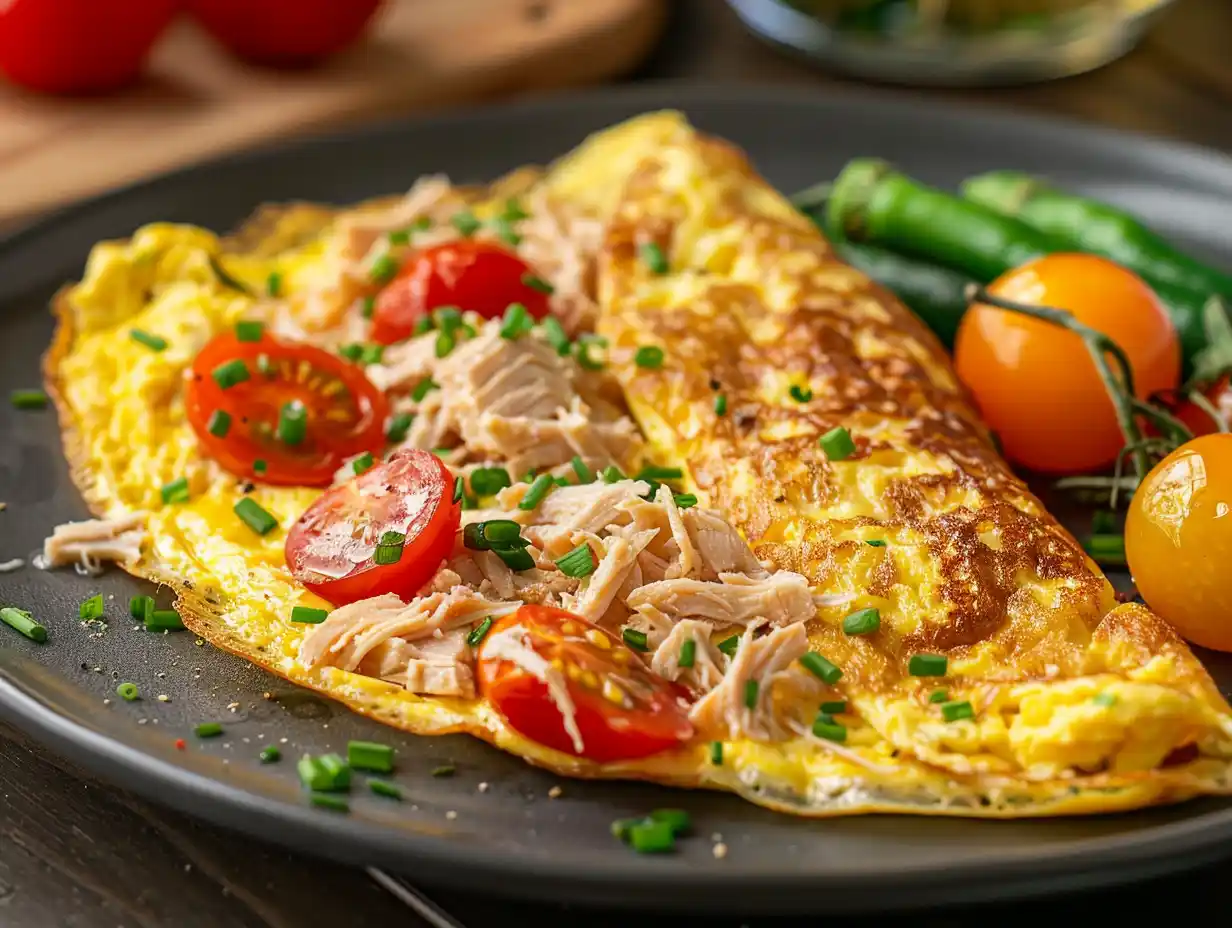 Omelett med tonfisk med paprika och tomat, saftig och gyllene i pannan, serverad direkt.