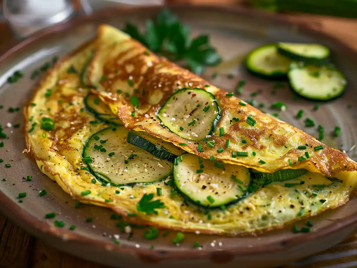 Omelett med zucchini med gyllene kanter, mjuk mitt och örter på toppen, serverad direkt ur pannan.
