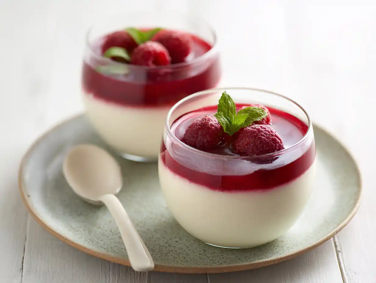 Pannacotta med hallonspegel i glas, len vaniljpannacotta med klar hallonsås och färska hallon ovanpå.