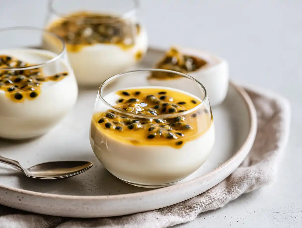 pannacotta med passionsfrukt i glas med len gräddbas och glansig topping av passionsfrukt på ljus bakgrund.