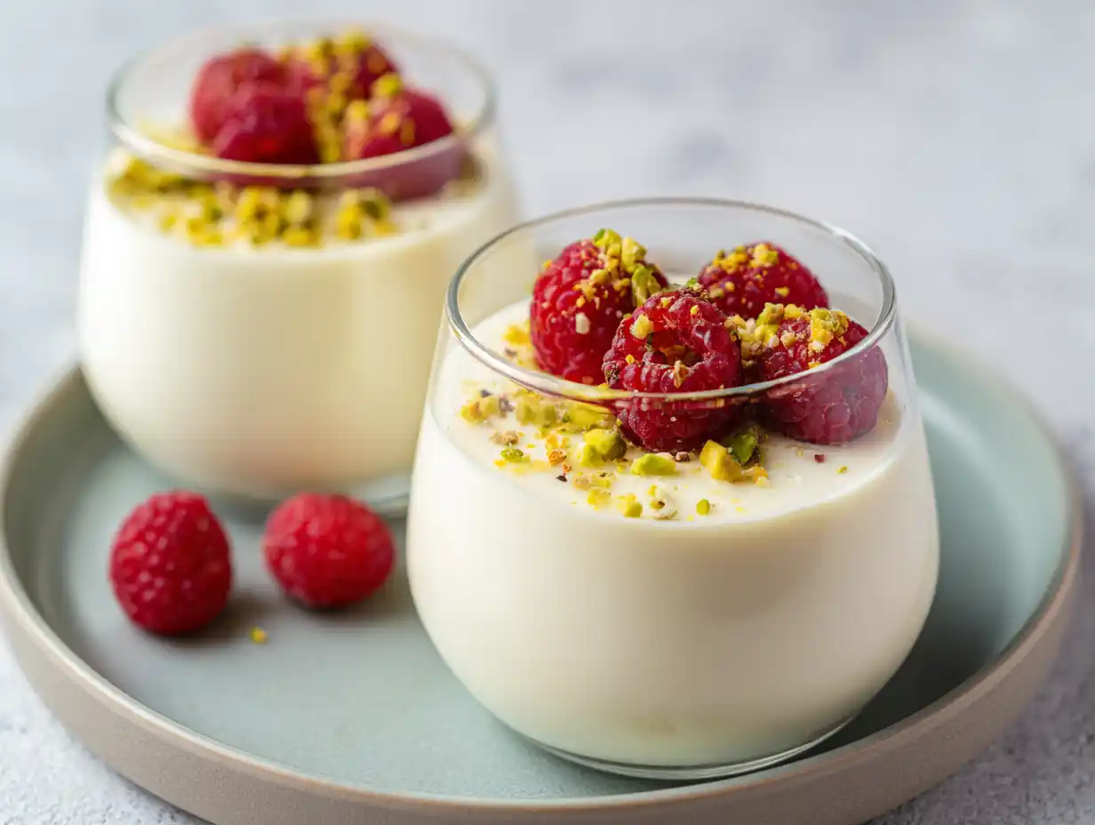 Pannacotta med vit choklad i små glas med len yta, bär på toppen och mjuk, krämig konsistens i dagsljus.