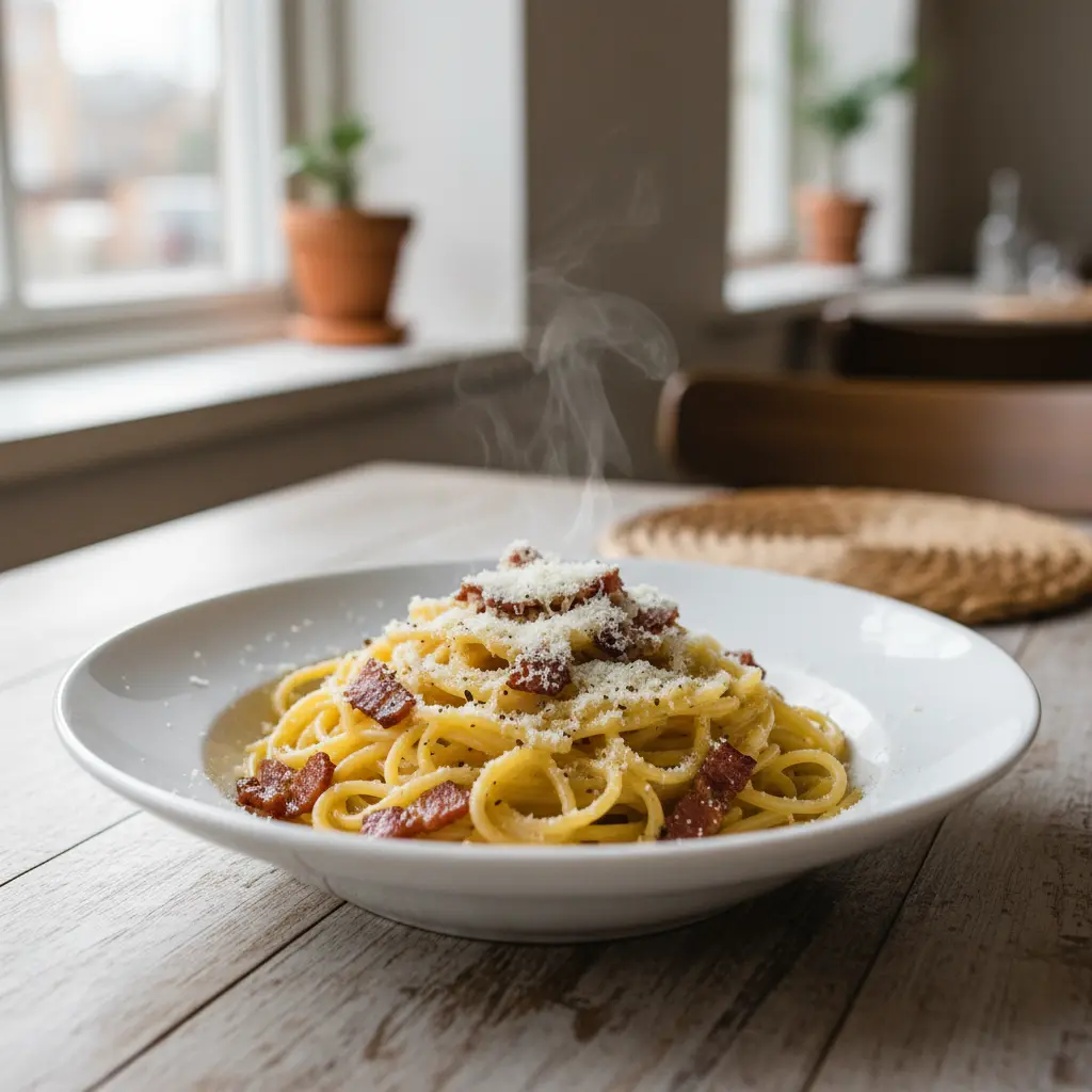 Pasta carbonara recept med bacon och parmesan