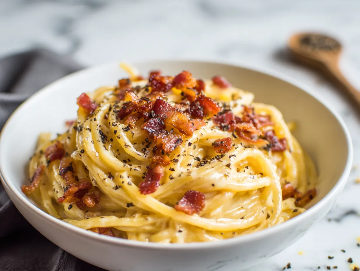 Pasta carbonara utan grädde med ägg, pecorino och pancetta – klassisk italiensk rätt.