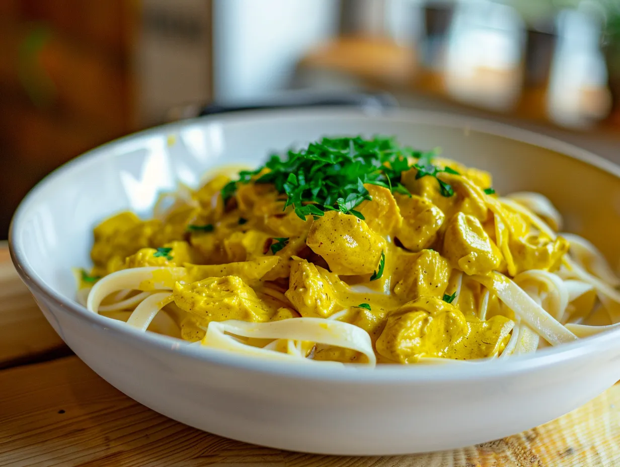 En djup tallrik med krämig pasta med kyckling curry toppad med färsk persilja och citron stående på en kökshandduk.