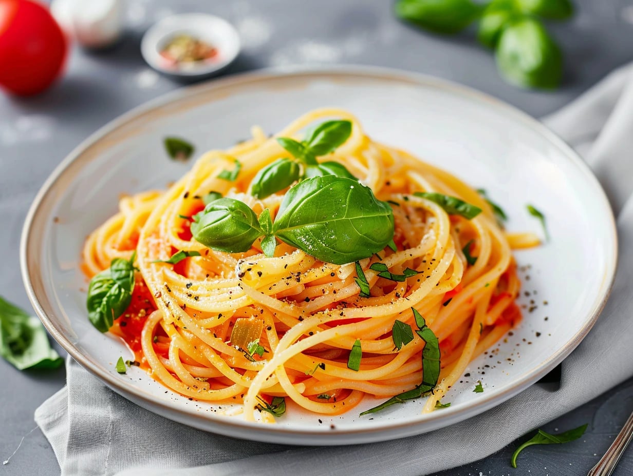 Pasta i vit skål med örter och olivolja