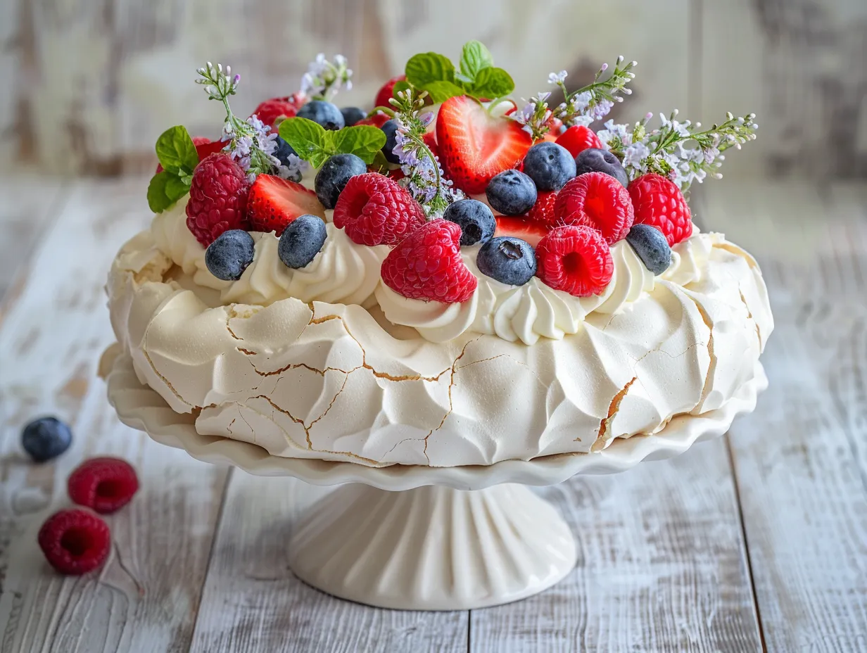 En festlig pavlova marängtårta toppad med vispad grädde, färska jordgubbar och blåbär.