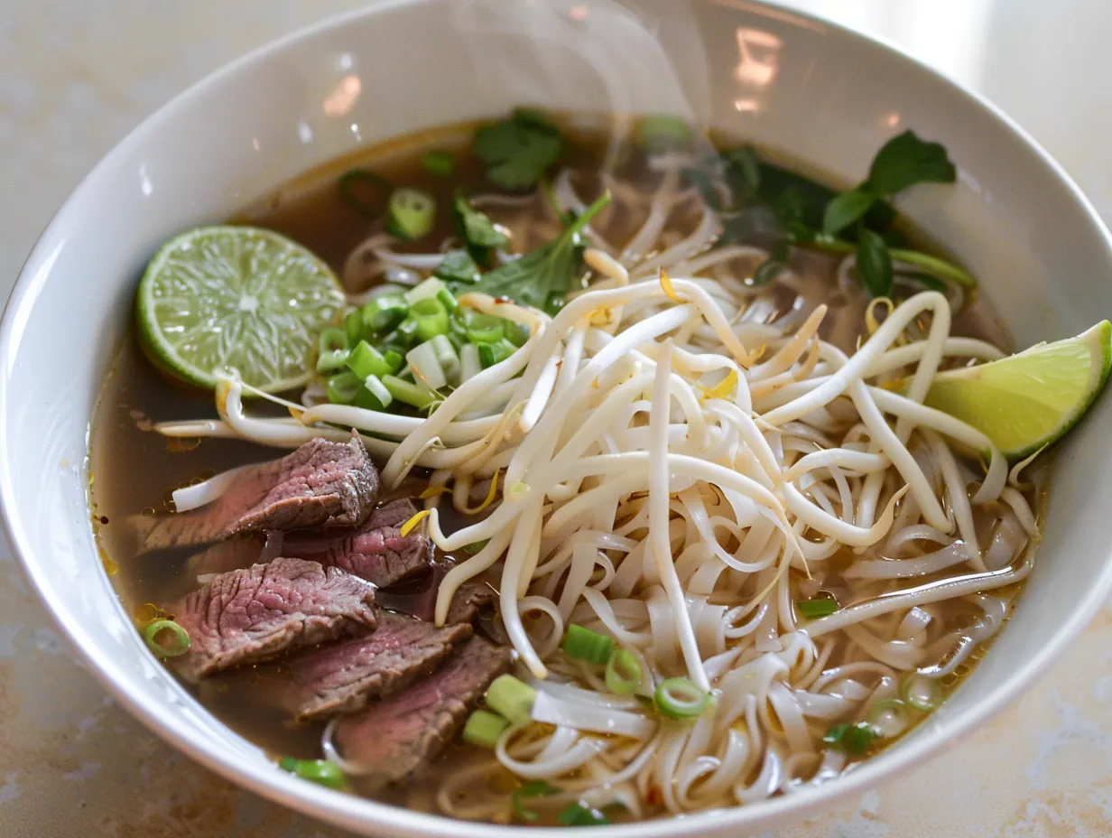 Pho recept med klar buljong, risnudlar, örter och tunt skivat kött i skål