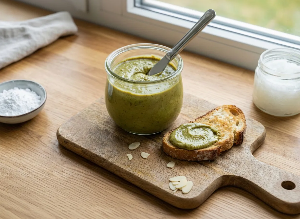 Hemgjord krämig pistagekräm i en glasburk omgiven av skalade pistagenötter och mandel.