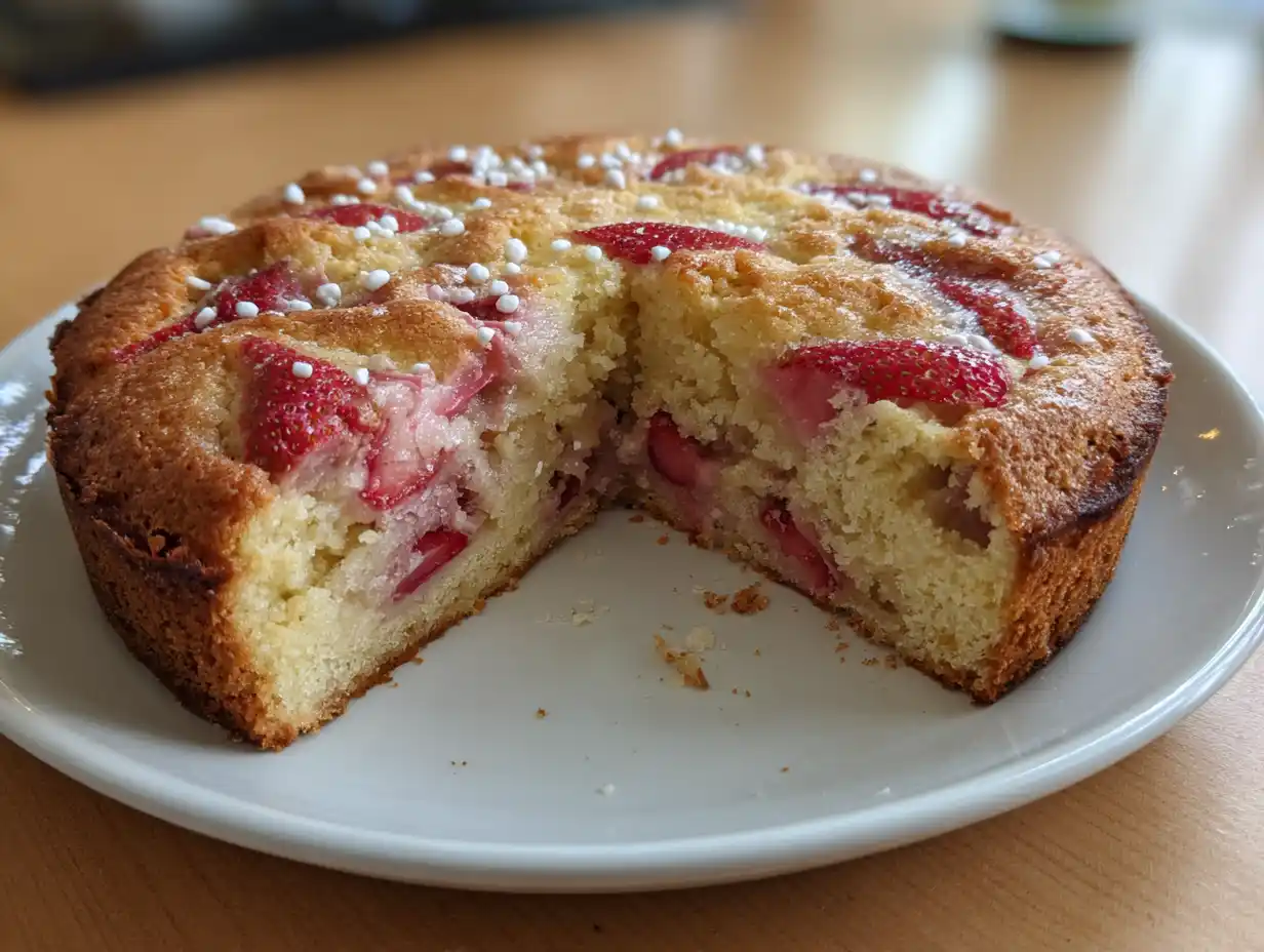 rabarber och jordgubbskaka i rund form med mjuk kaka, röda jordgubbar och syrlig rabarber på toppen.