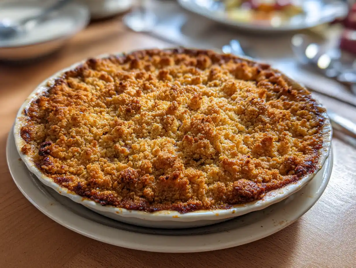 rabarber paj knäckig i pajform med gyllene frasig yta och mjuk syrlig rabarber under täcket.