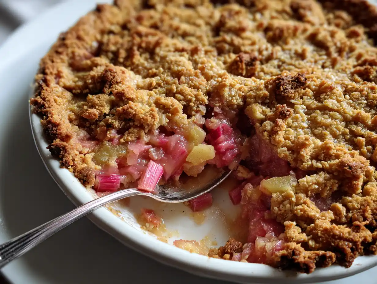 rabarber smulpaj havregryn i enkel pajform med gyllene smulor och mjuk syrlig rabarber.