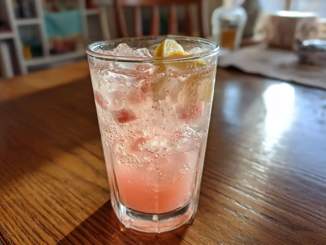 rabarber spritz i glas med is, rabarbersirap, citron och bubbligt sodavatten i naturligt ljus.