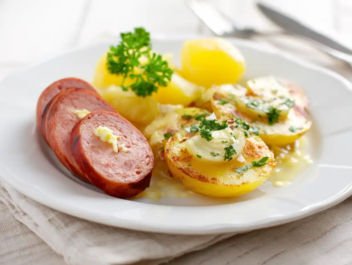 rätter med falukorv serverat som ugnsbakad falukorv med senap, lök, ost och krämig potatis på vit tallrik.