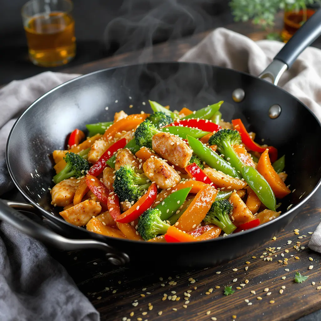 Snabb kycklingwok med grönsaker i panna