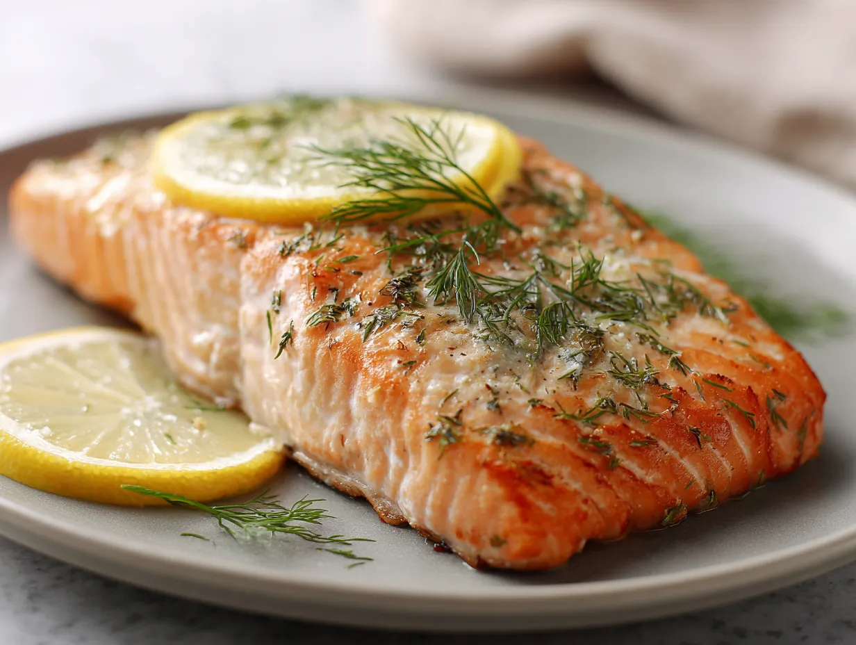 Recept på lax i ugn med citron och dill, ugnsbakad lax som är saftig och klar.