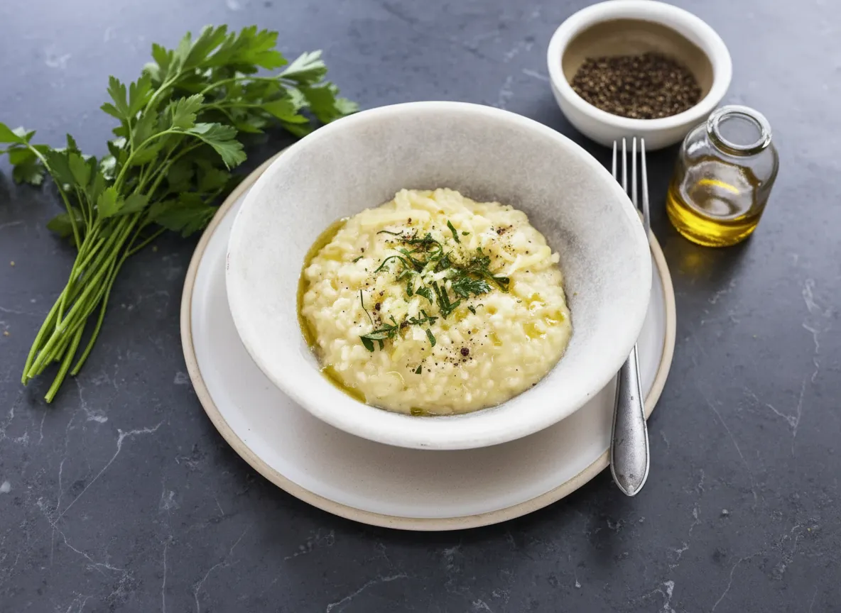 En tallrik med krämig risotto dekorerad med örter och riven ost som lockar till en lyxig middag.