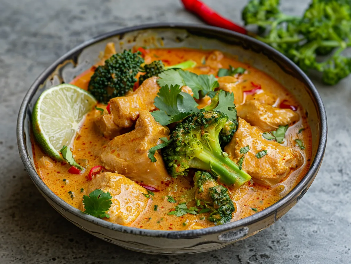 Röd curry kyckling kokosmjölk serverad i en djup skål med ångande ris, färsk lime och krispig broccoli på toppen.