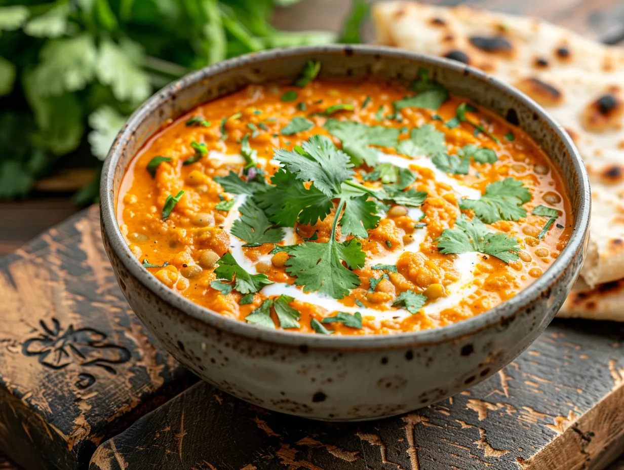 Röd linssoppa med kokos och tomat serverad rykande varm med koriander och naanbröd