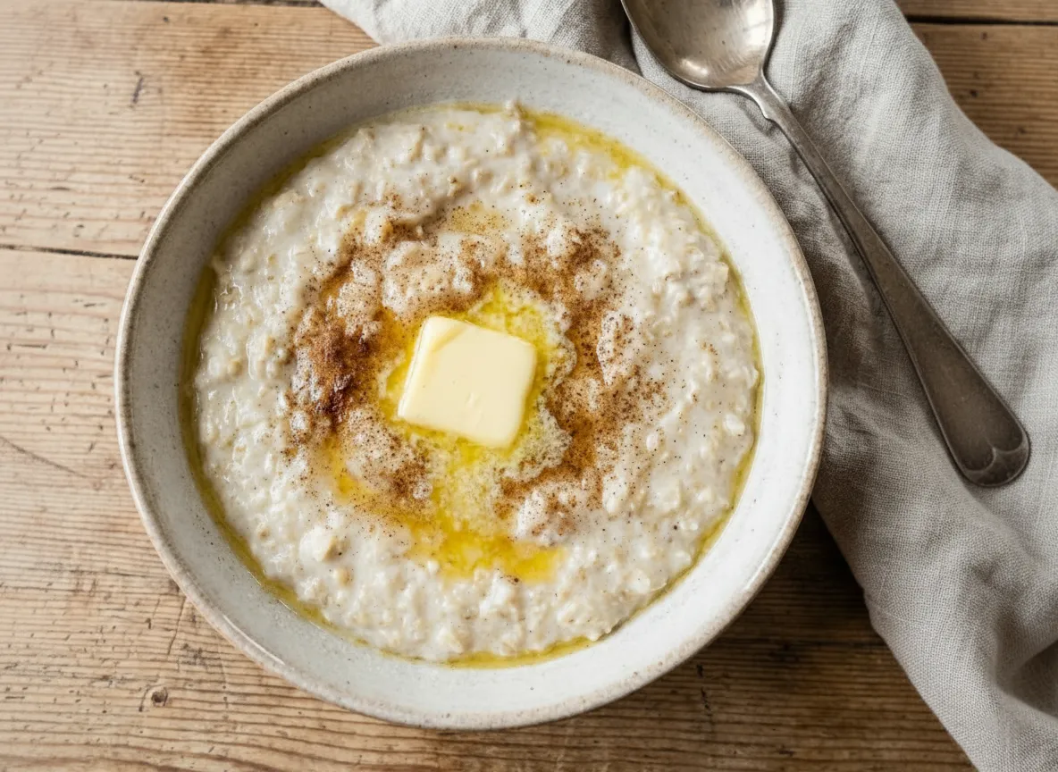 Römmegröt serverad varm med smörklick, kanel och socker i skål.