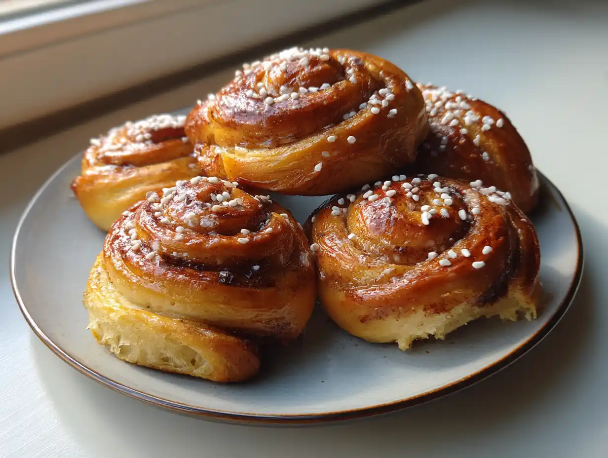 saftiga kanelbullar på fat hemma i köket, med tydliga lager av smör, kanel och pärlsocker.