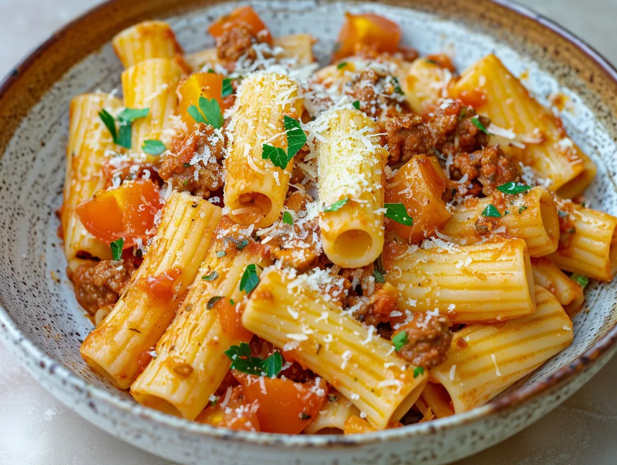 Salsicciapasta med rigatoni i mustig tomat- och gräddsås, toppad med parmesan och persilja.