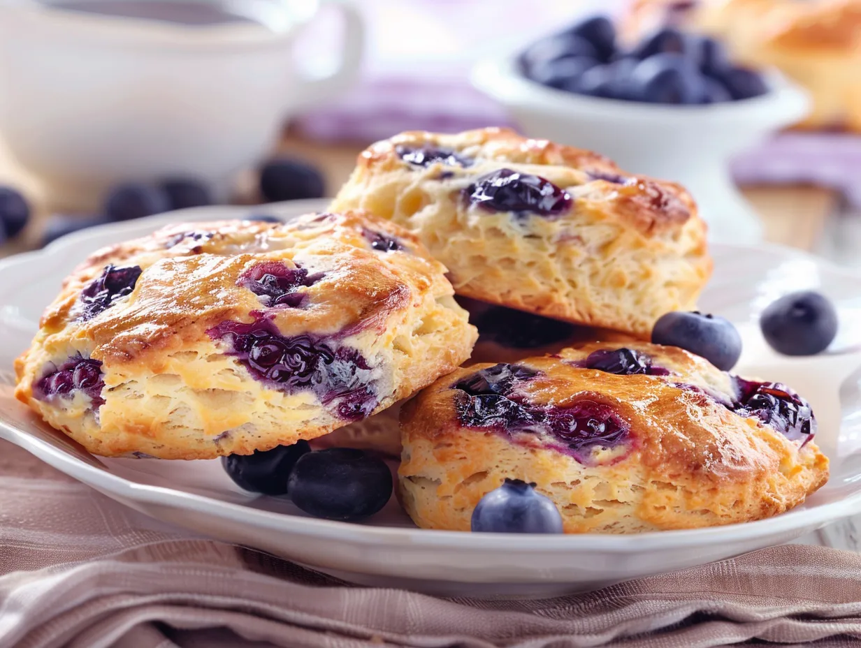 Nybakade scones med blåbär och vanilj på en träbräda, fyllda med smältande bär och serverade med smör och ost.