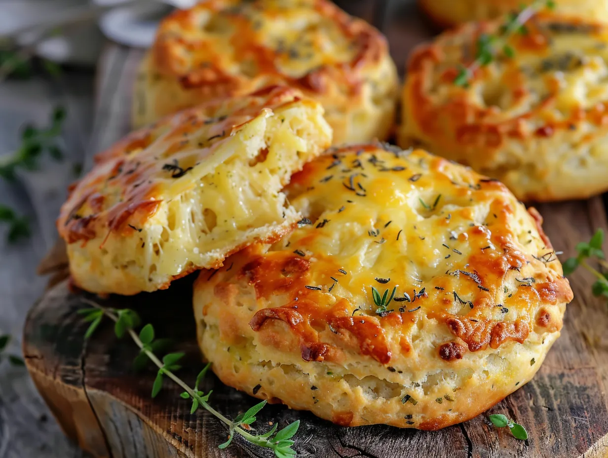 En rustik korg fylld med gyllenbruna scones med ost och örter, serverade varma med smör på en träbräda.