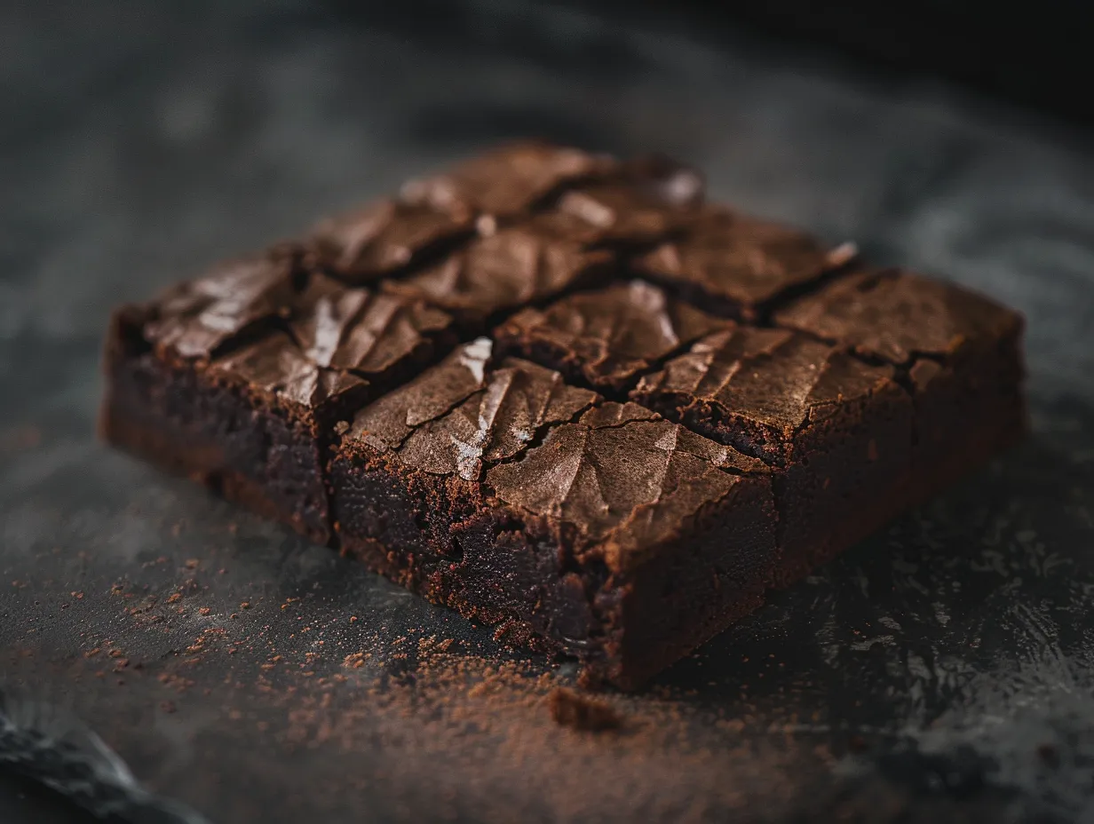 En hög med nybakade segmjuka brownies med choklad staplade på varandra, lätt pudrade med florsocker och toppade med lite flingsalt.