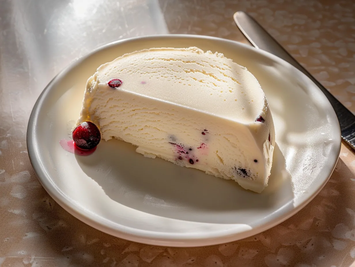 Semifreddo med len konsistens serverad i skivor, toppad med bär och lätt fryst yta