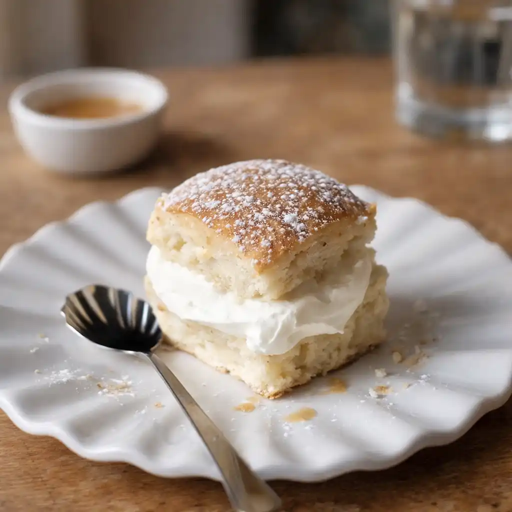 Semlor i långpanna i rutor med mandelmassa och spritsad grädde, pudrade med florsocker på ett stort fat.