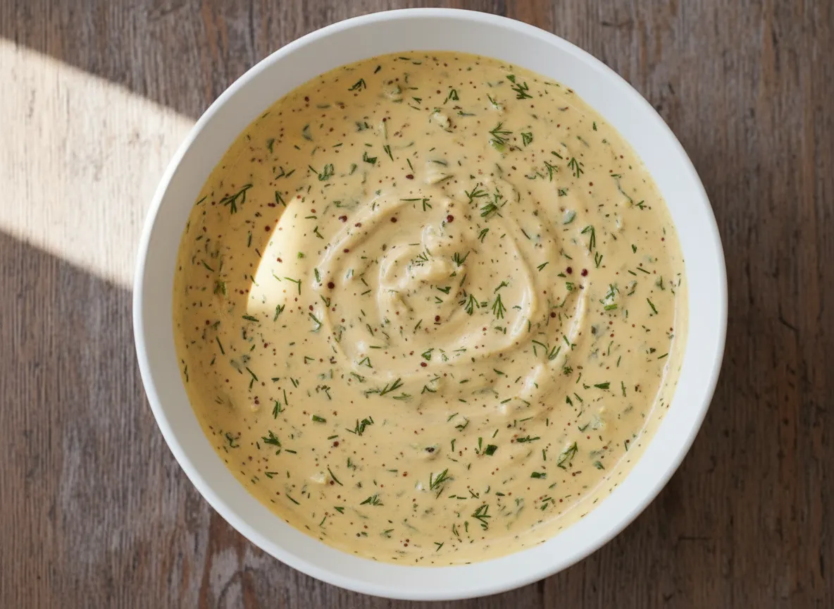 En närbild på krämig senapssill recept med en tydlig ockragul färg och rikligt med hackad dill i en vacker skål.